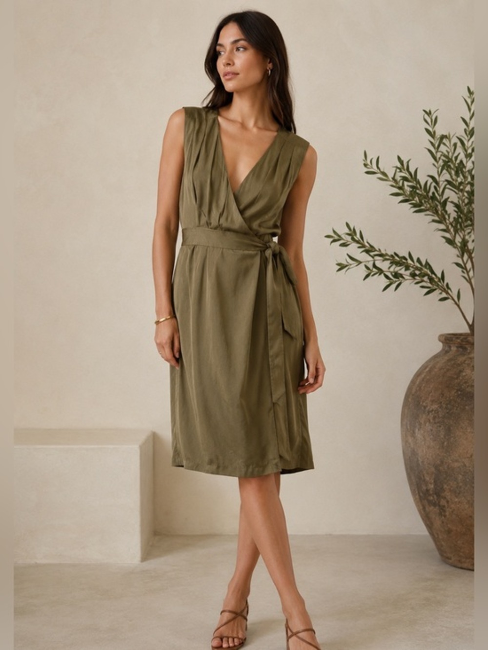 Banana Republic Olive Green Tencel Wrap 10 Midi Dress Quiet Luxury Euro Summer